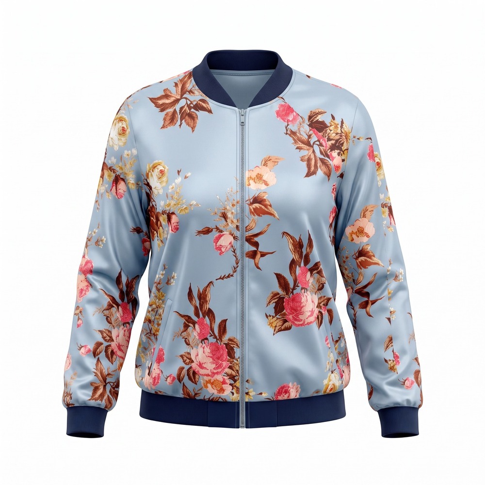 Belle + Sky Floral Bomber Jacket 2X Blue Satin Zip Up Botanical Soft Girl Core
